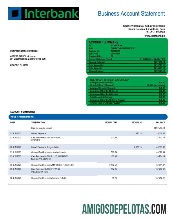 Imprimível Extrato de Conta de Organização Interbancária Modelo Word e PDF